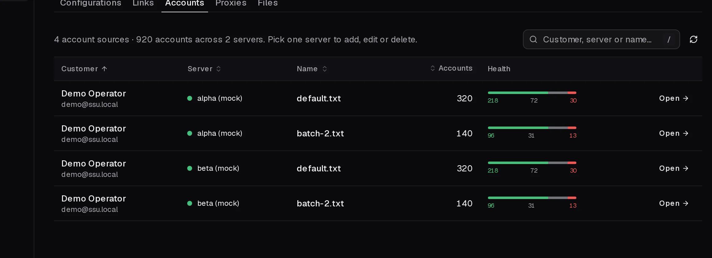 The library listing account sources with health bars