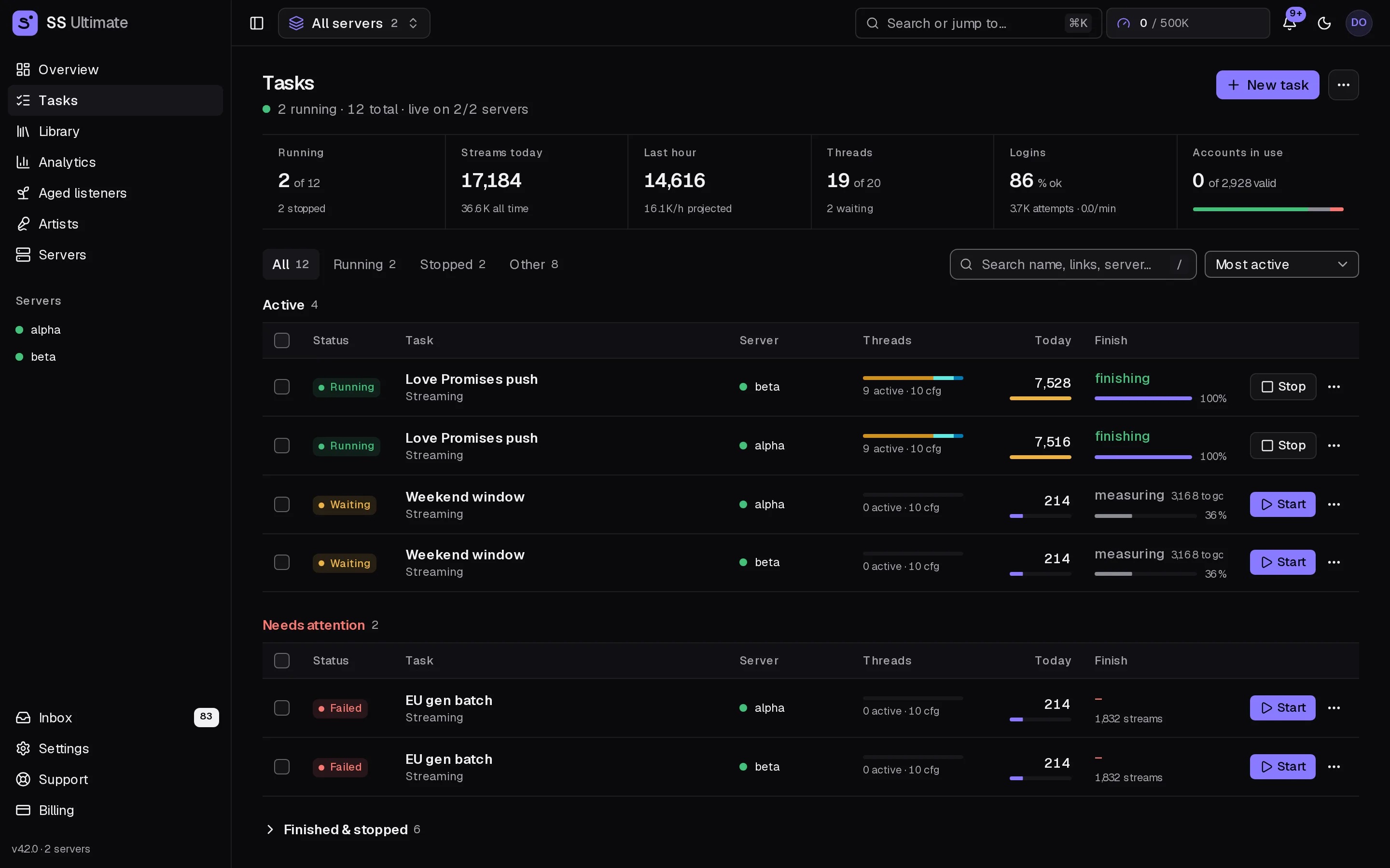 The tasks page: one row per task with live thread bars and stream counts