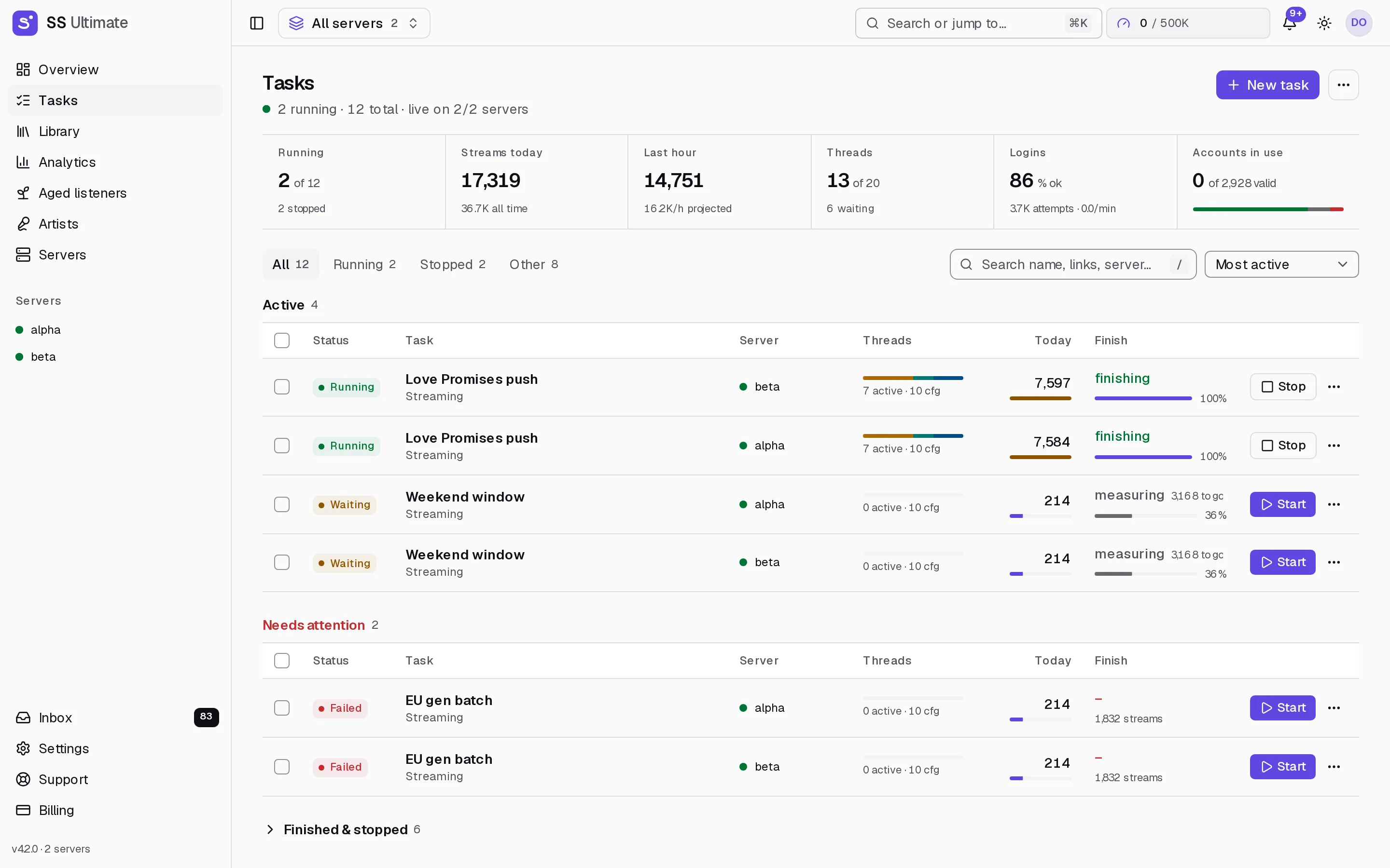 The tasks page: one row per task with live thread bars and stream counts